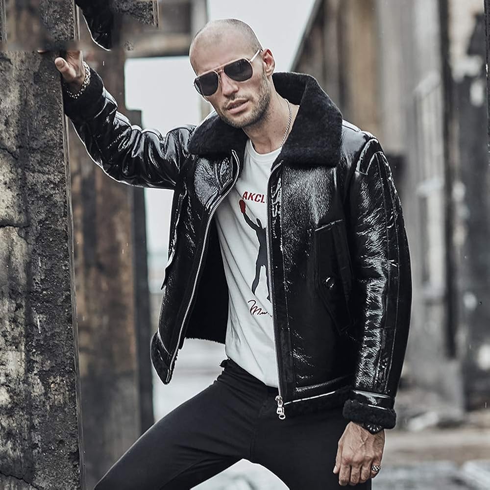 Denny&Dora Mens Fur Coat B3 Bomber Flying Jacket Bright Black Denny&Dora Mens Fur Coat B3 Bomber Flying Jacket Bright Black